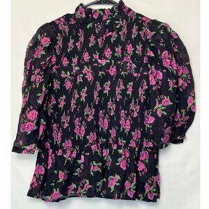 NWT Melissa Nepton Women Size Medium Black Pink Rose Print Smocked Jolene Blouse